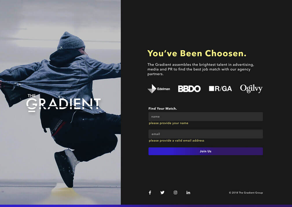 Gradient Form Validation Gradient landing page with sign up form error messages
