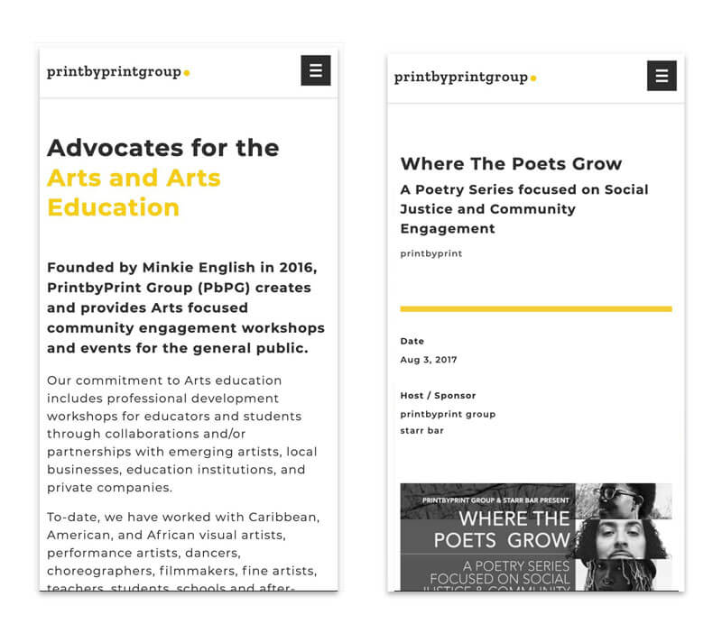 PrintbyPrint Group Mobile Pages print by print group about and workshops pages on mobile screens